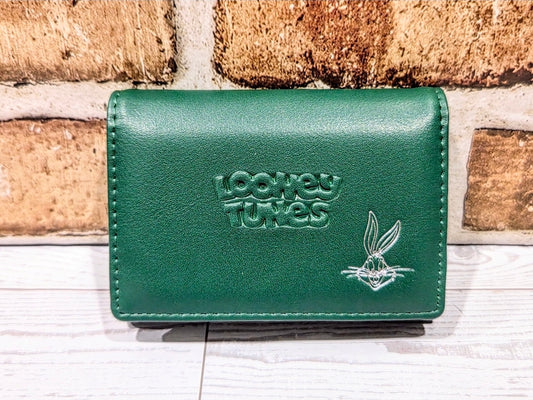 Green Bugs Bunny card wallet with snap closure, stitched edges, faux leather look