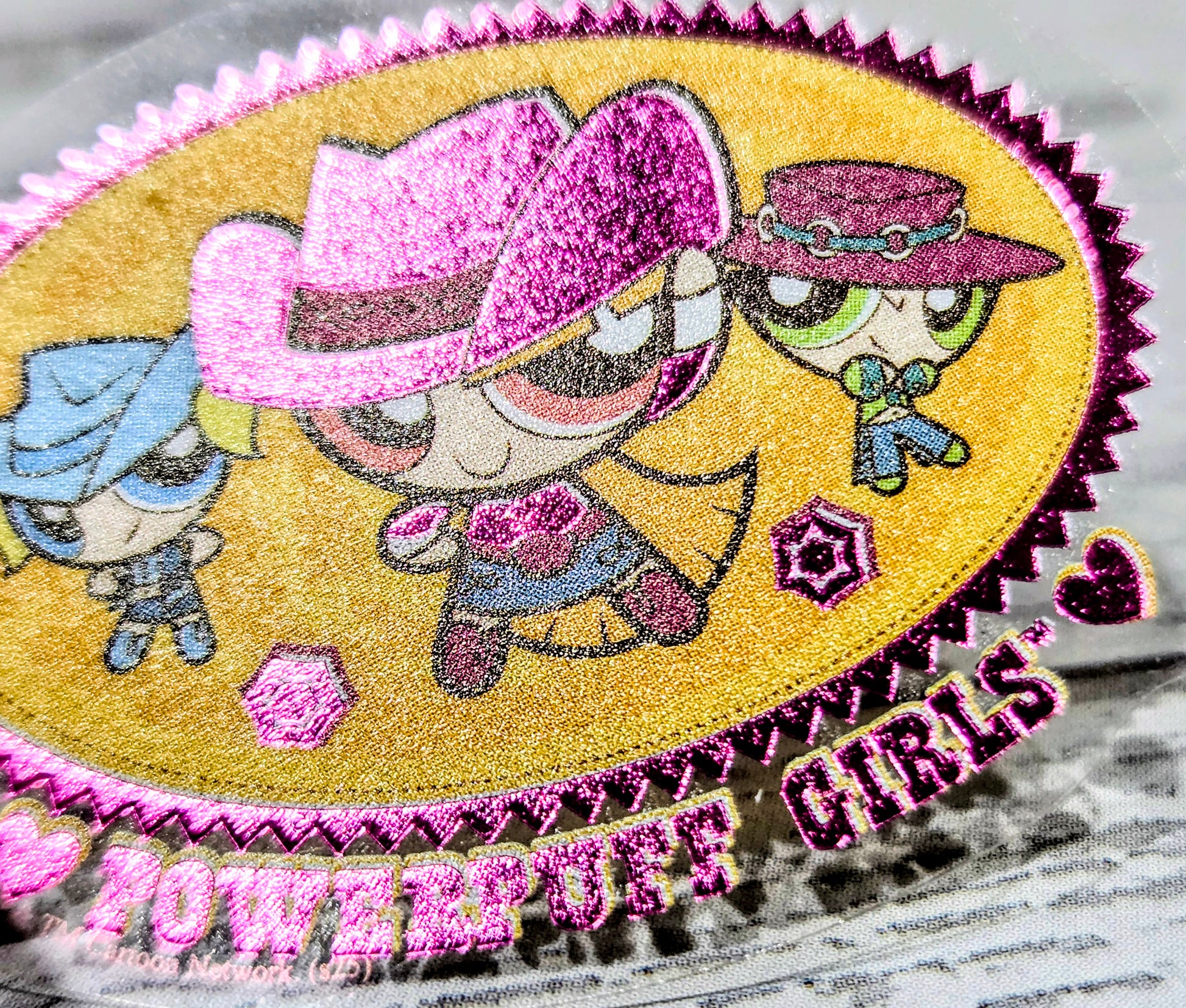Powerpuff Girls cowgirl rodeo metallic foil sticker, glitter oval with two characters