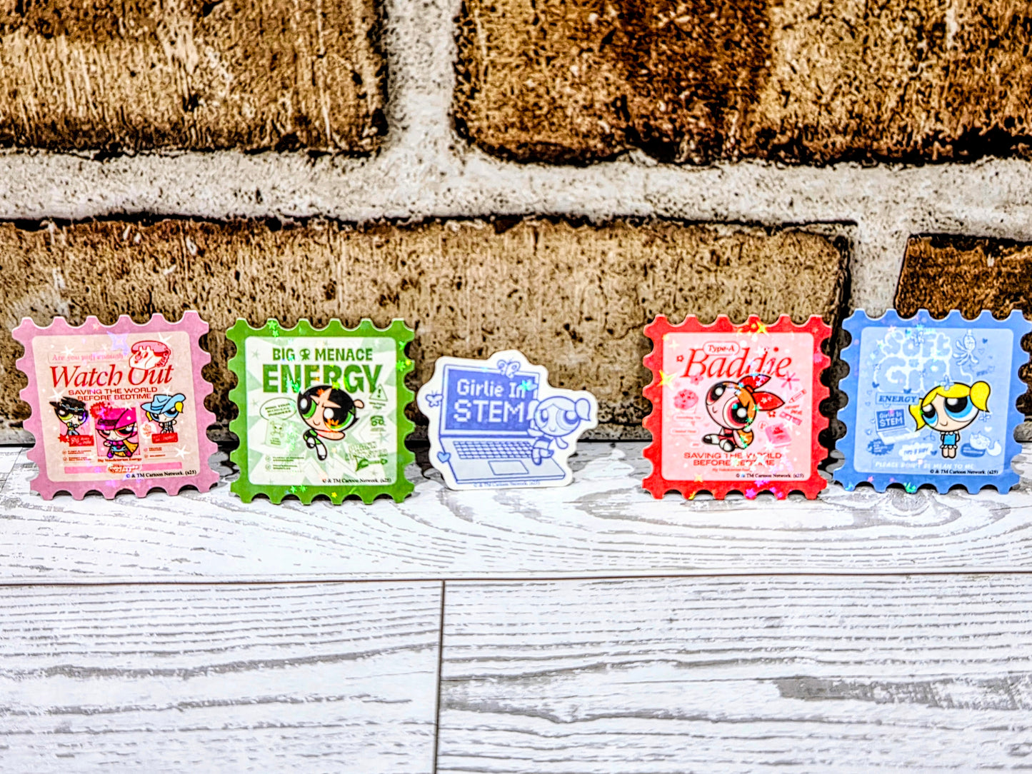 Holographic glitter sticker set of colorful square character designs on wooden boards