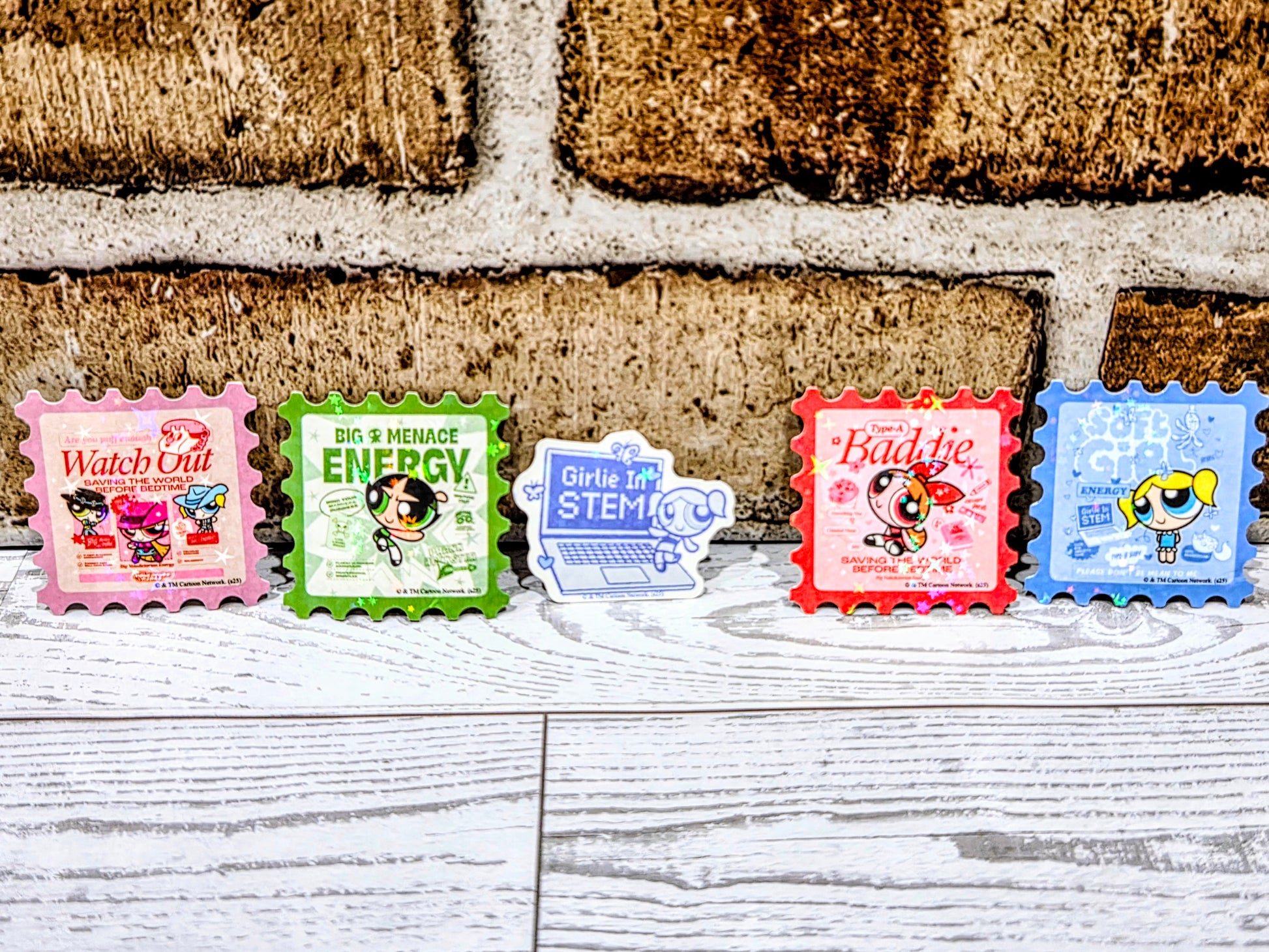 Holographic glitter sticker set of colorful square character designs on wooden boards