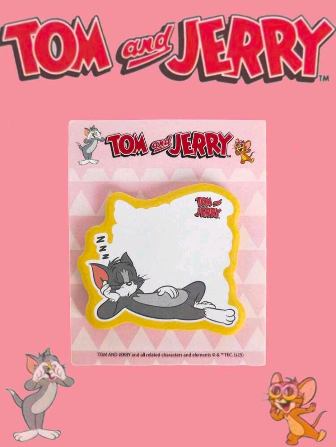 Tom & Jerry die-cut sticky note pad showing sleeping Tom die-cut note with yellow border