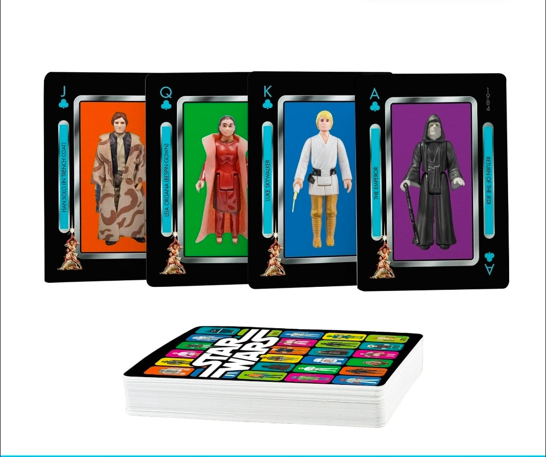 Star Wars playing cards showing J, Q, K, A character faces with stacked cards