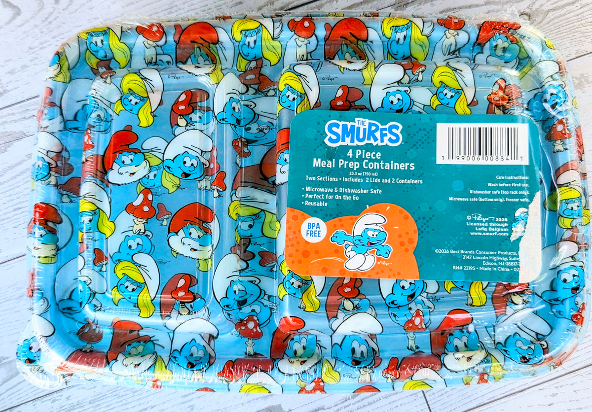 Smurfs 4-piece meal prep containers set with matching patterned lids and box
