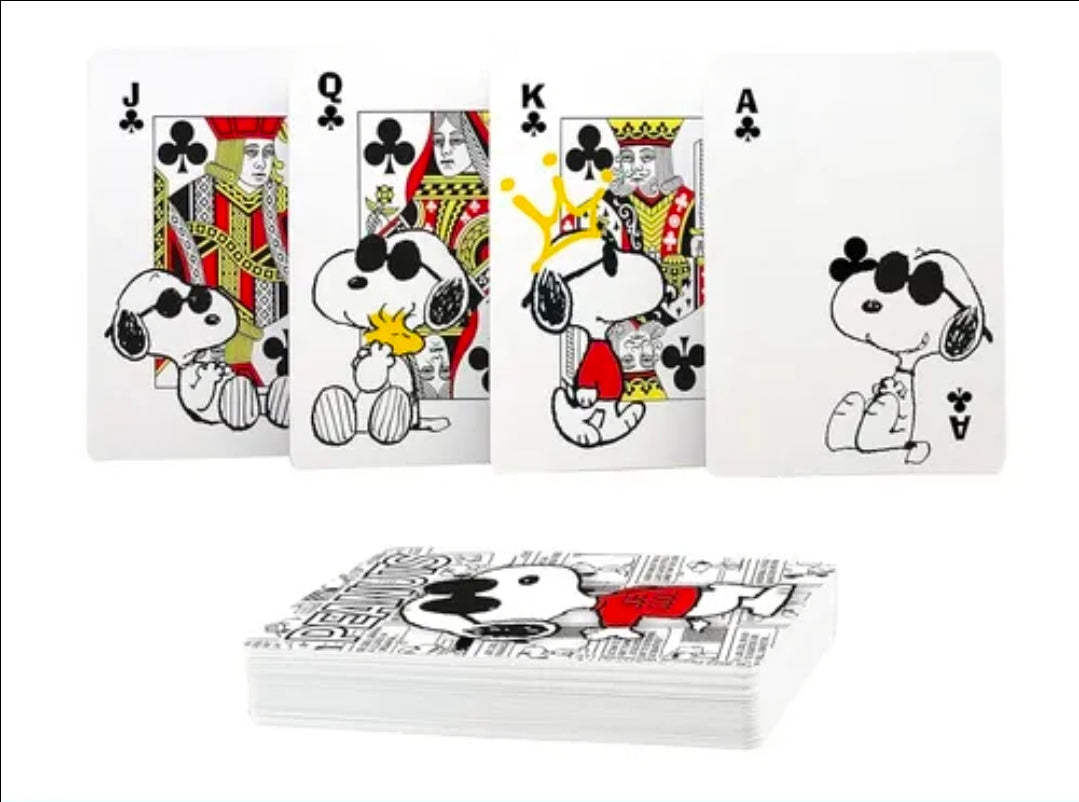 Snoopy playing cards deck showing J, Q, K, A with character card faces