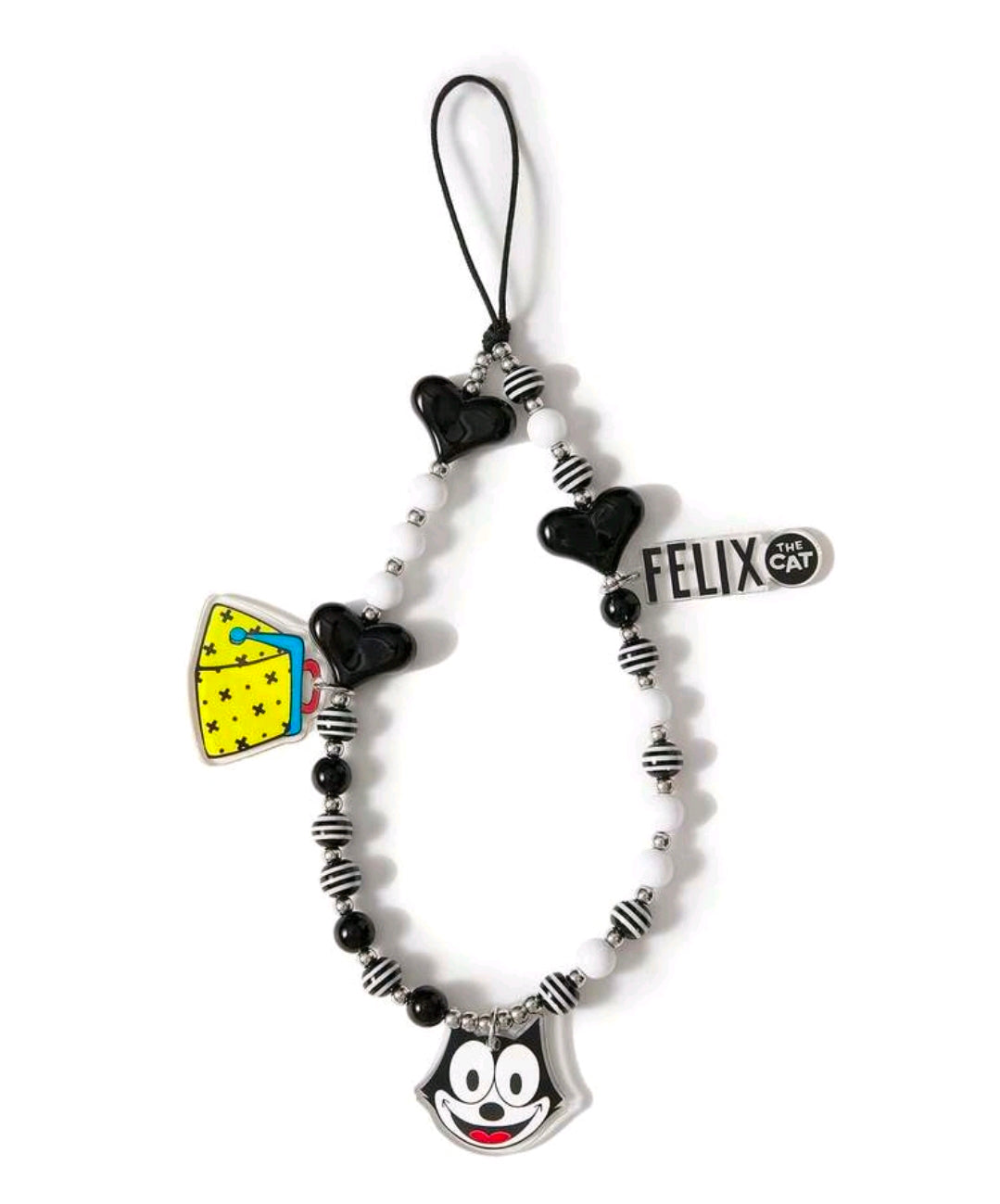 Black and white beaded phone charm lanyard with Felix face charm and yellow accessory charm