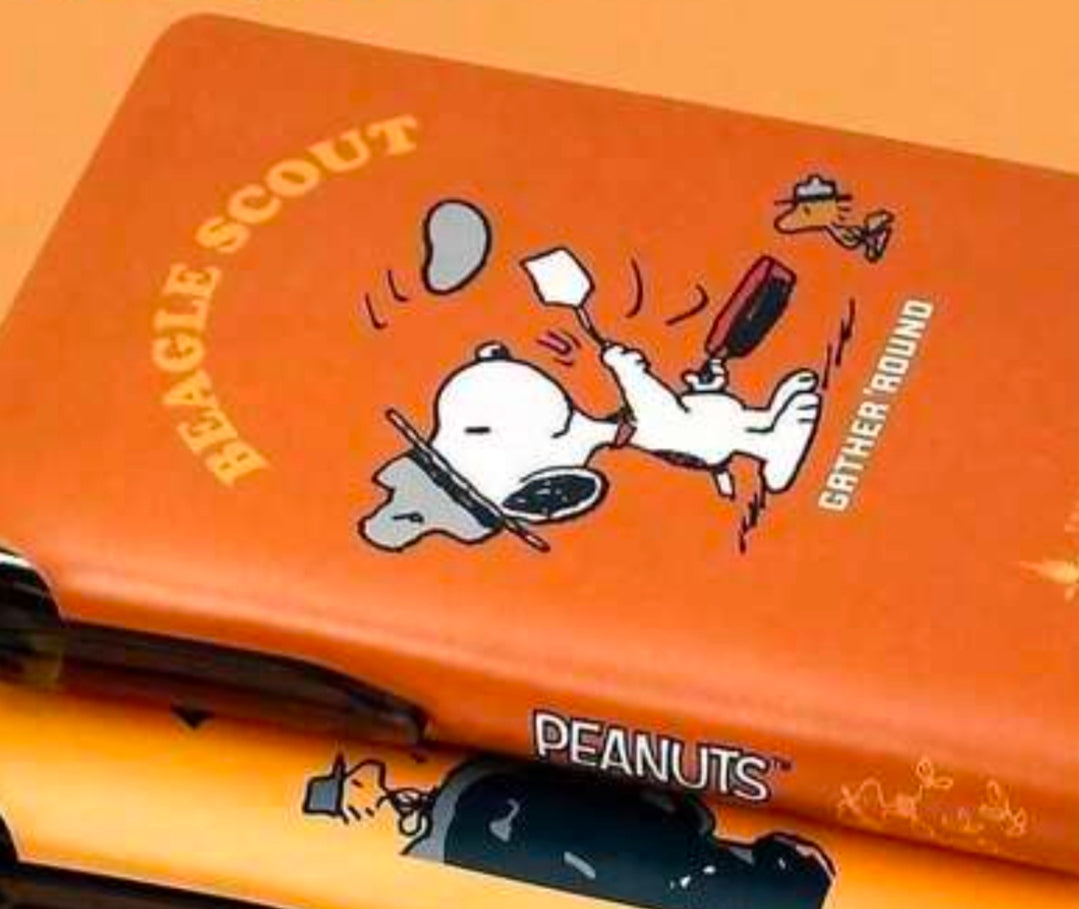 Orange Snoopy Beagle Scout faux leather pocket field notebook cover with character graphic