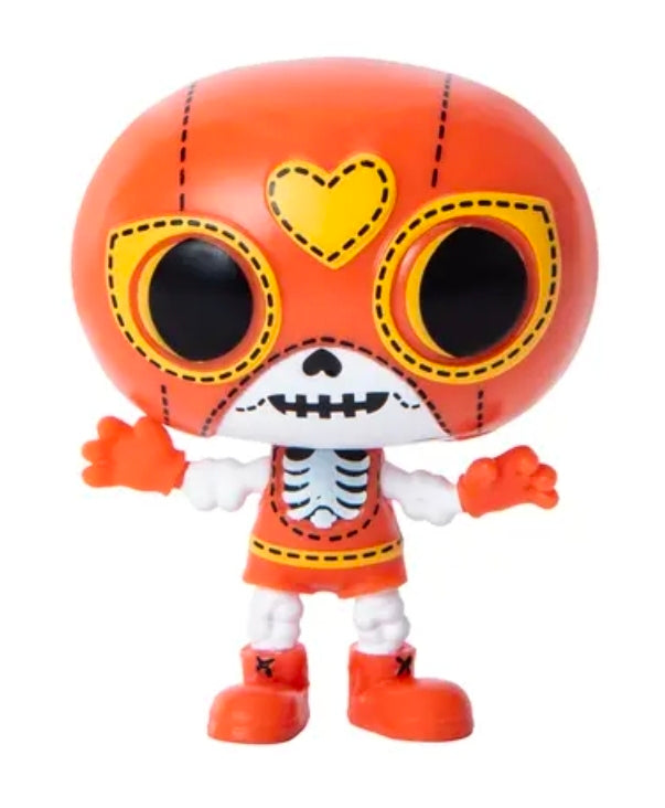 Full body orange skull Halloween vinyl mini figure with white skeleton arms and boots