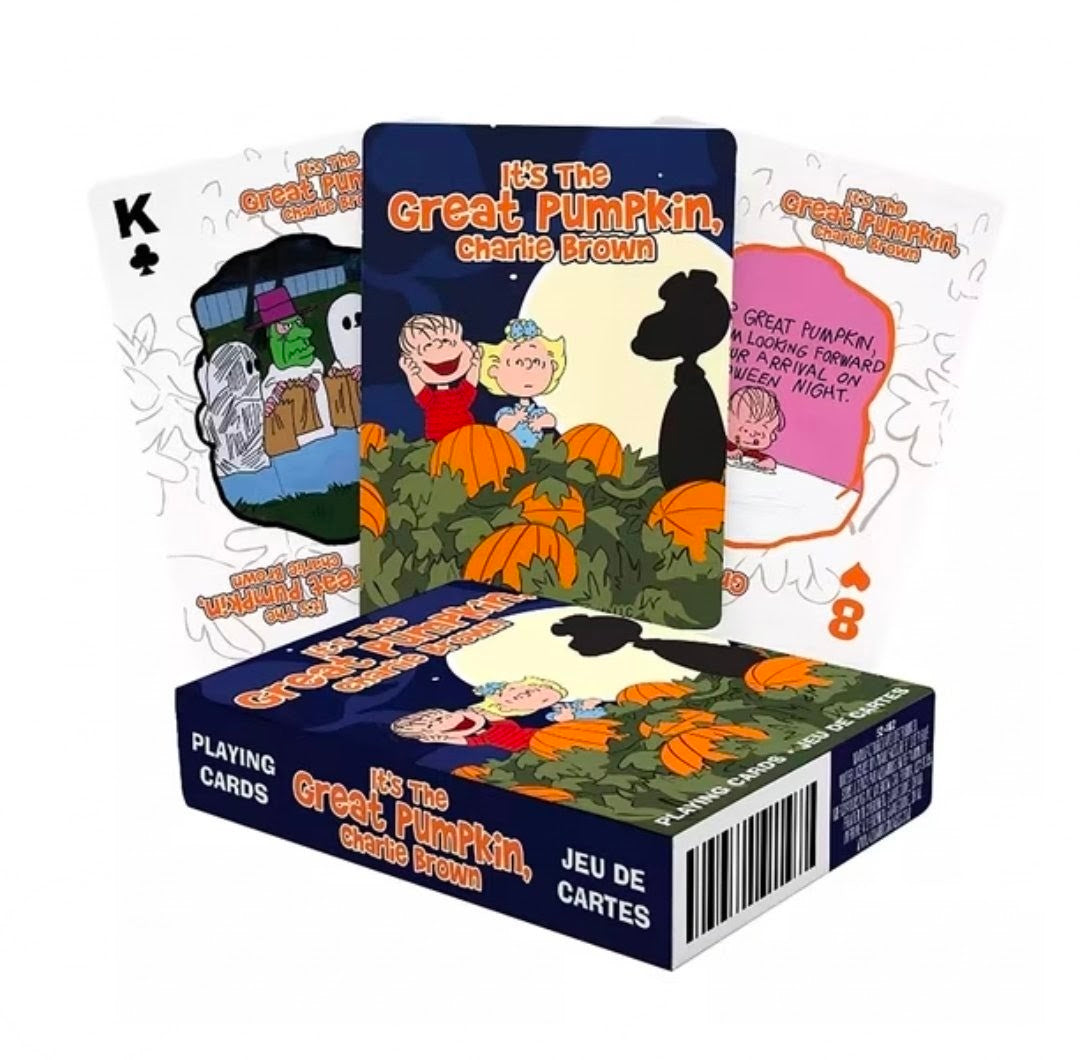 Playing card deck box and card backs with Great Pumpkin Charlie Brown characters