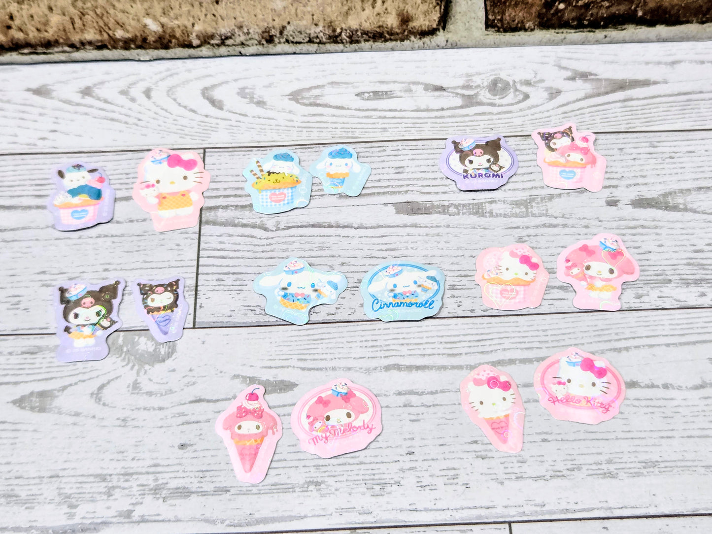 Assorted ice cream character sticker set with Hello Kitty, Kuromi, and Cinnamoroll