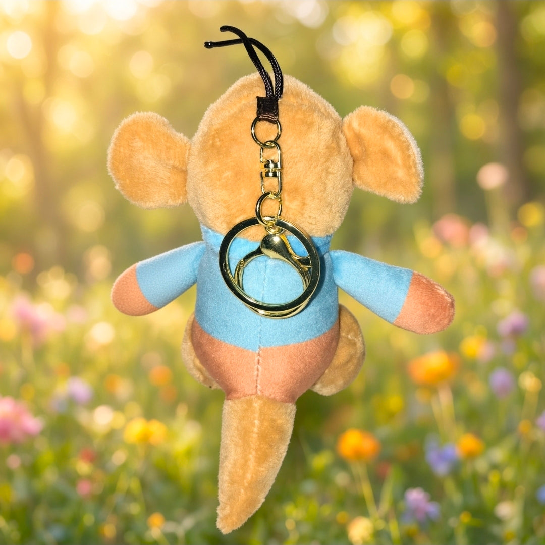 Roo mini plush keychain back view with metal key ring and black cord, blue shirt