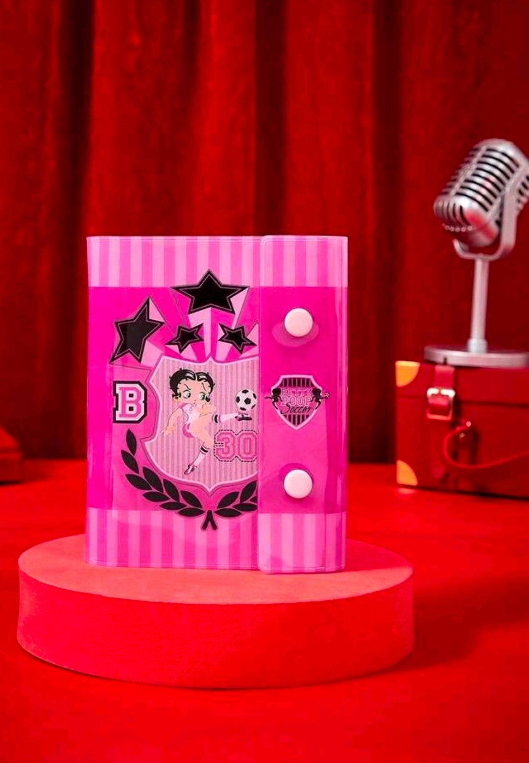 A7 ring binder photo album with pink striped cover, star and soccer icons, Betty Boop