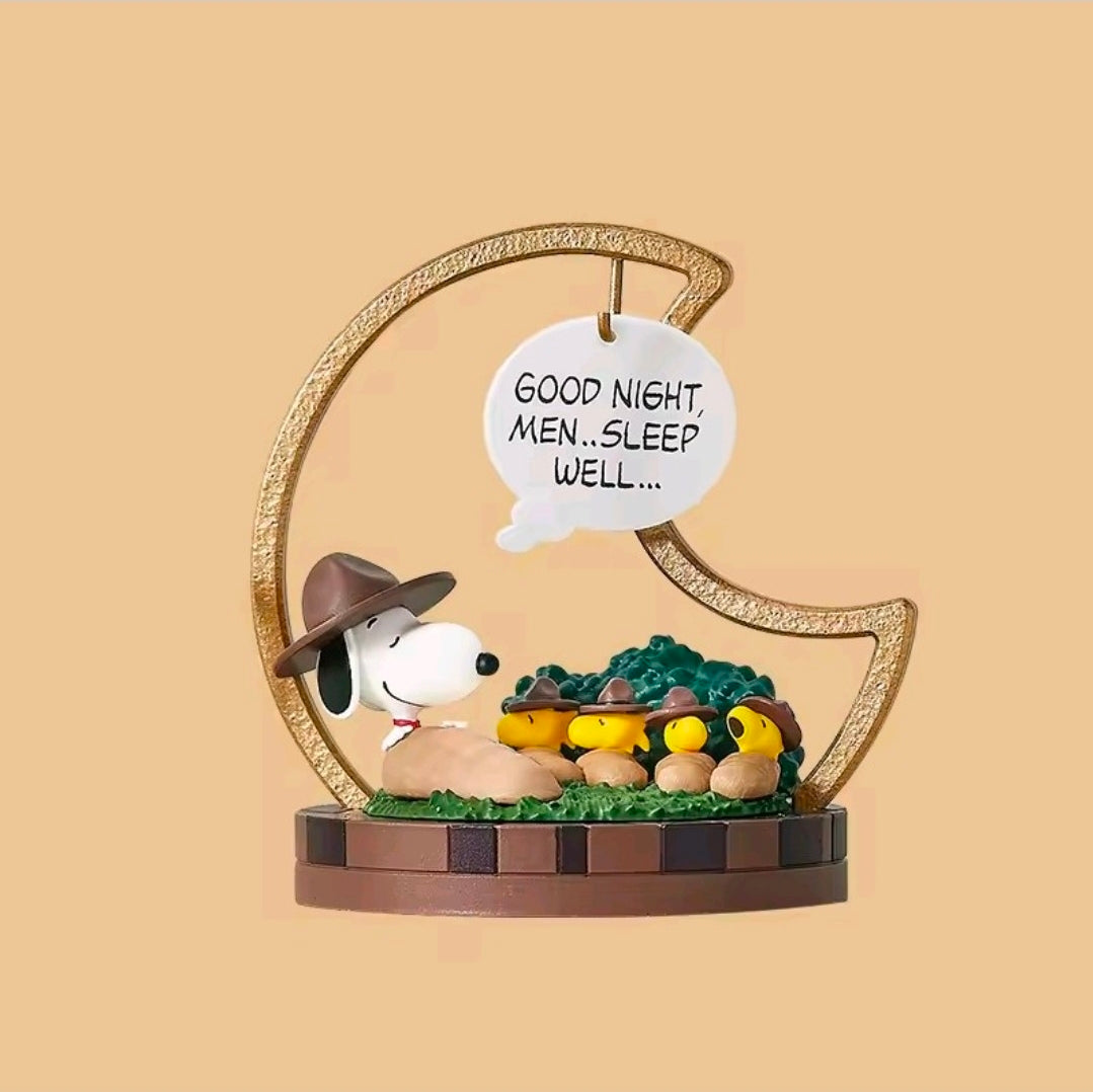 Peanuts Snoopy crescent moon frame art figure: Snoopy resting with toys on green grass