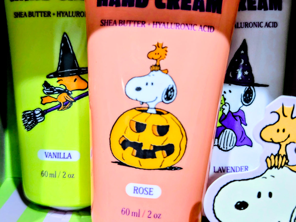 Hand cream trio tubes with Snoopy pumpkin and witch artwork, Rose, Vanilla, Lavender