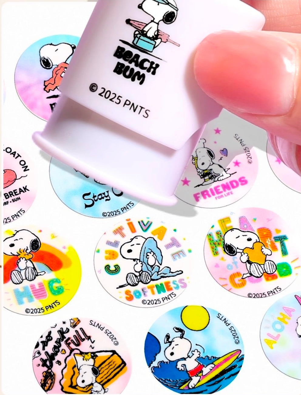 White Beach Bum stamp roller with Snoopy beach stickers and colorful round labels