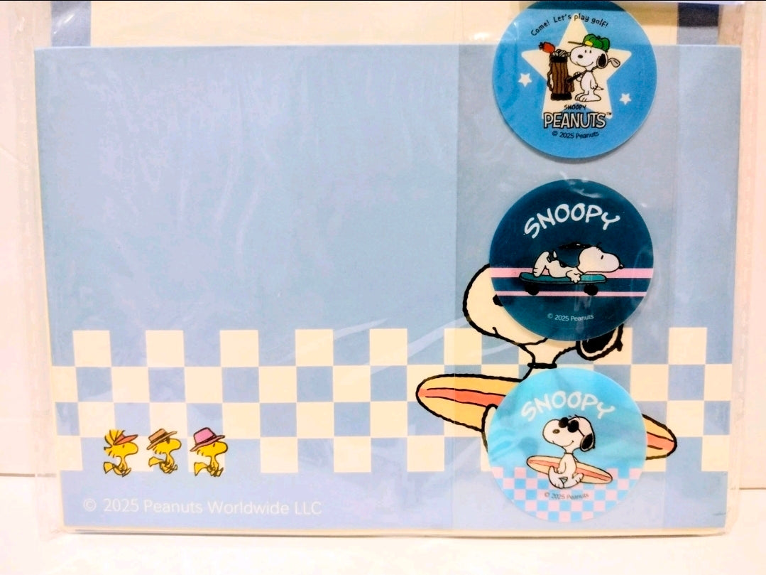 Peanuts Snoopy sticker sheet with blue surf and beach character designs