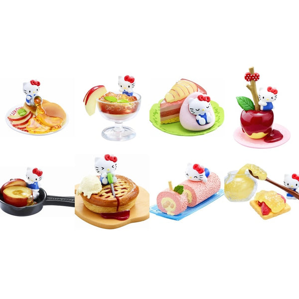 Assorted miniature Hello Kitty sweets figures on plates and trays