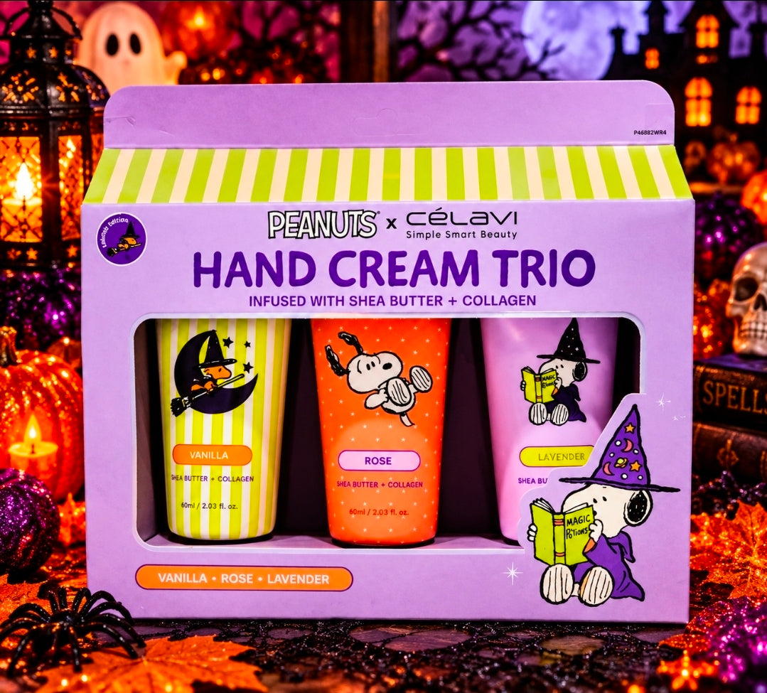 Hand cream trio gift box with Snoopy witch artwork showing three tubes