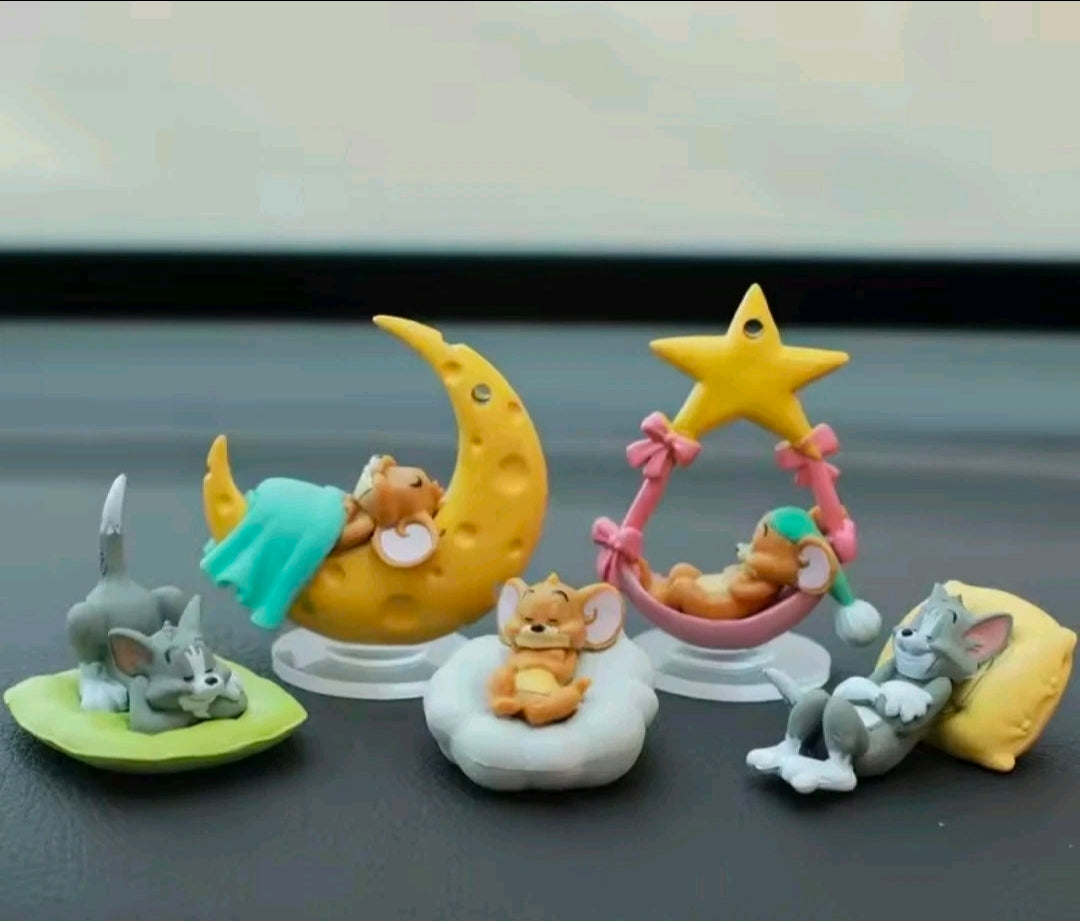 Cat and mouse figurine set figures on colorful moon and star bases