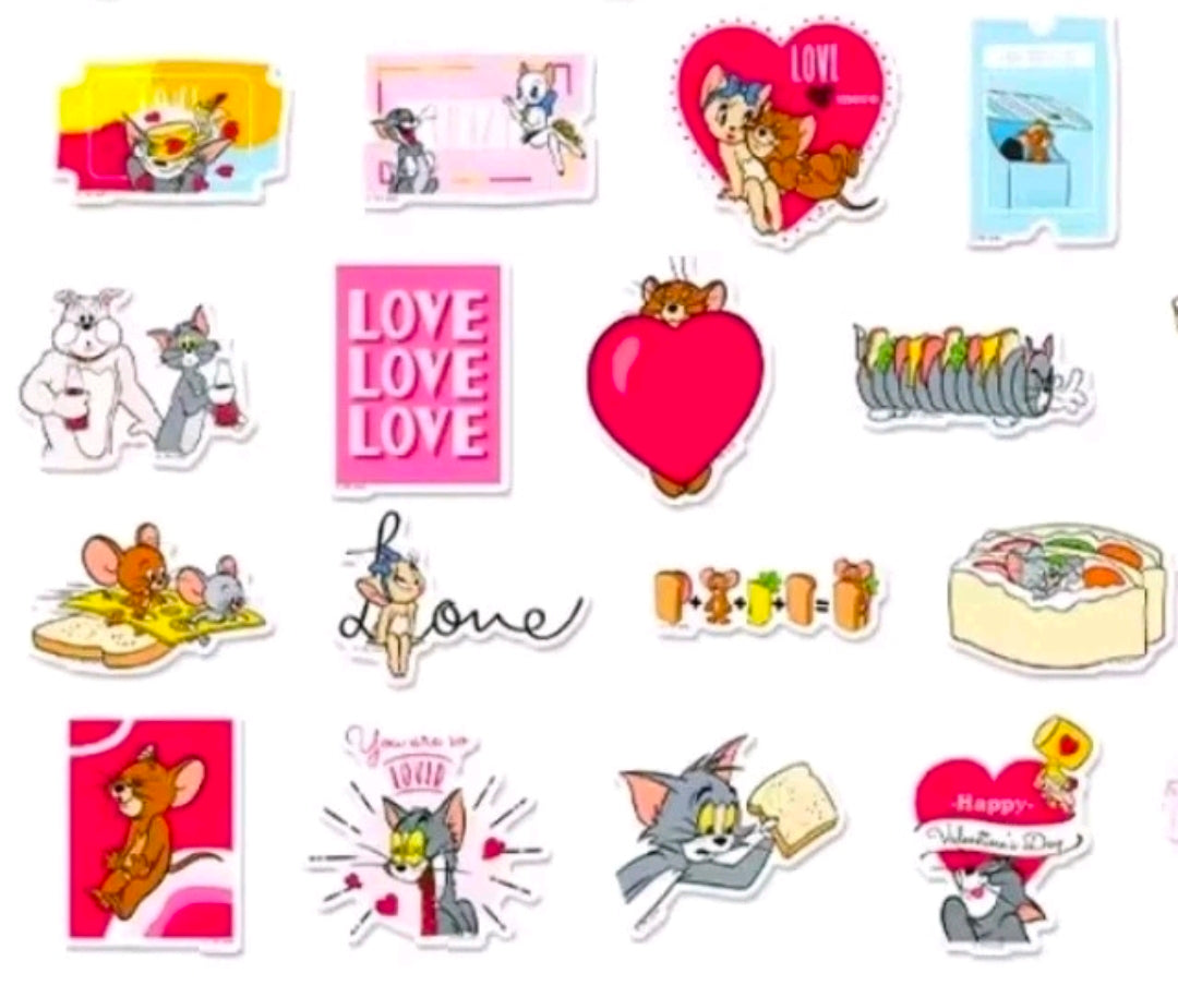 Love-themed die-cut vinyl sticker sheet with heart shape and cartoon characters