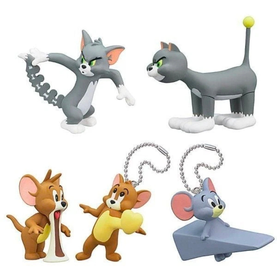 Set of five Tom and Jerry character keychains, with silver chains and figure poses