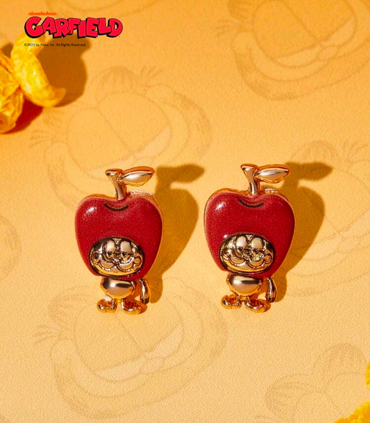 Red apple enamel stud earrings set with gold-tone Garfield face charms and top loops
