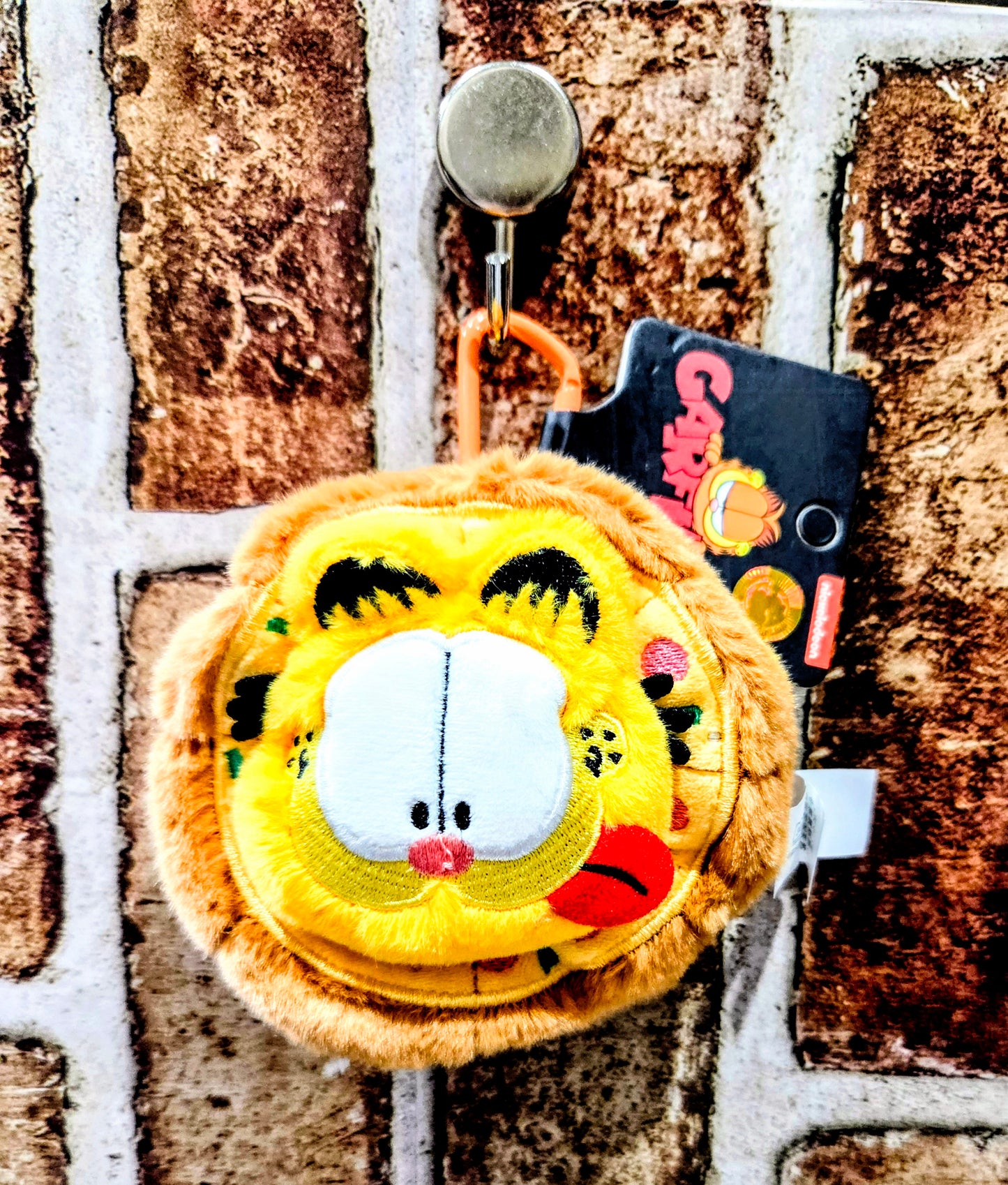 Garfield pizza plush coin pouch with orange carabiner and front character face