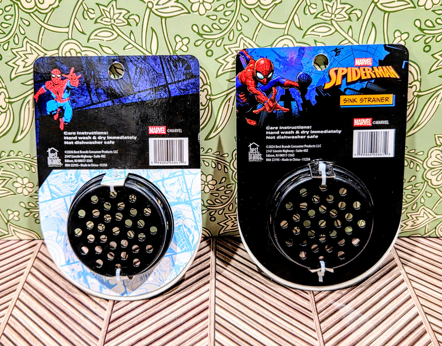 Spider-Man sink strainer set back views on packaging cards