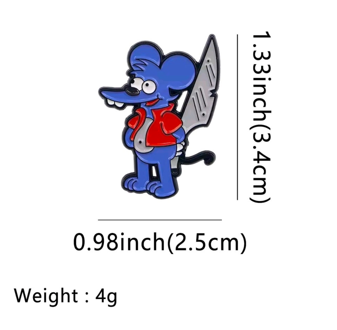 Blue cat enamel pin with large knife-like tool, red shirt