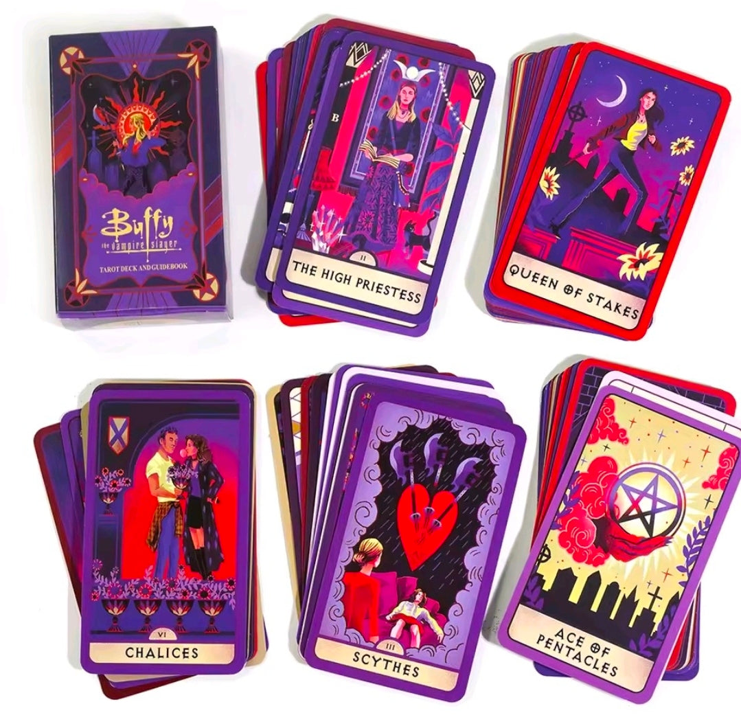 Tarot deck with colorful Buffy-themed cards showing The High Priestess and Queen of Stakes
