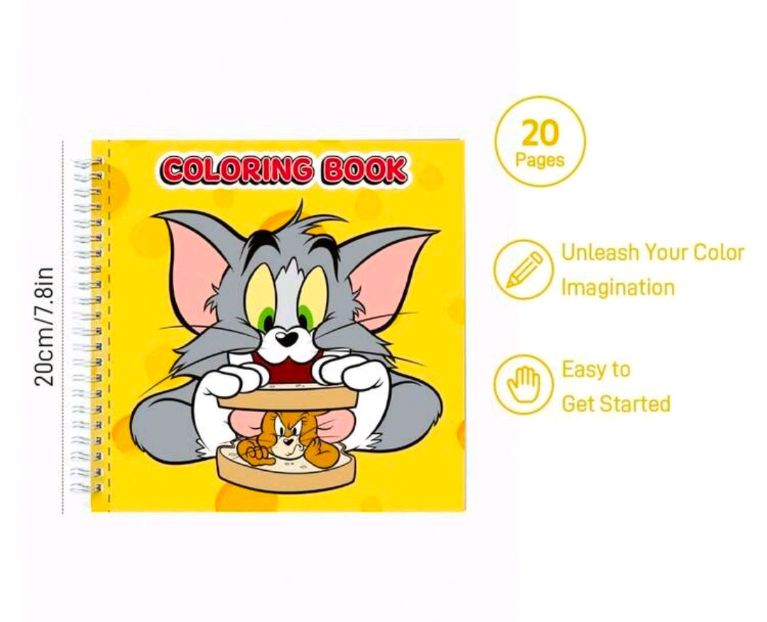 Tom and Jerry coloring book cover, yellow background with gray cat holding a pie