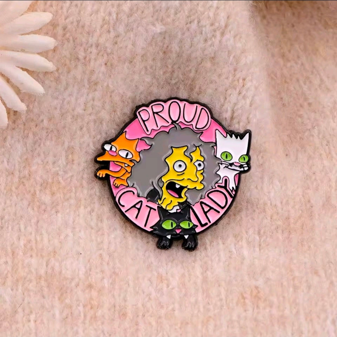 Enamel pin circular badge with Simpsons cat lady and cats, 'Proud Cat Lady' text