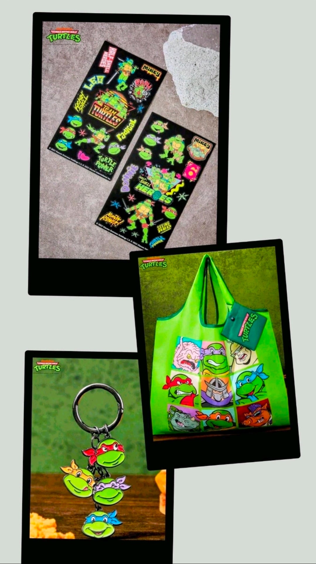 TMNT gift set items: green tote bag, keychain, and character stickers