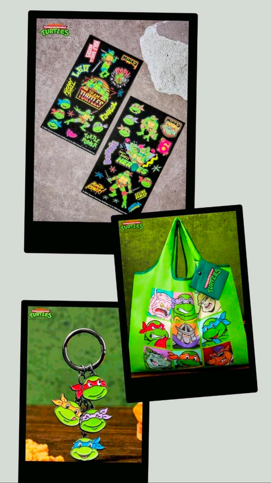 TMNT gift set items: green tote bag, keychain, and character stickers