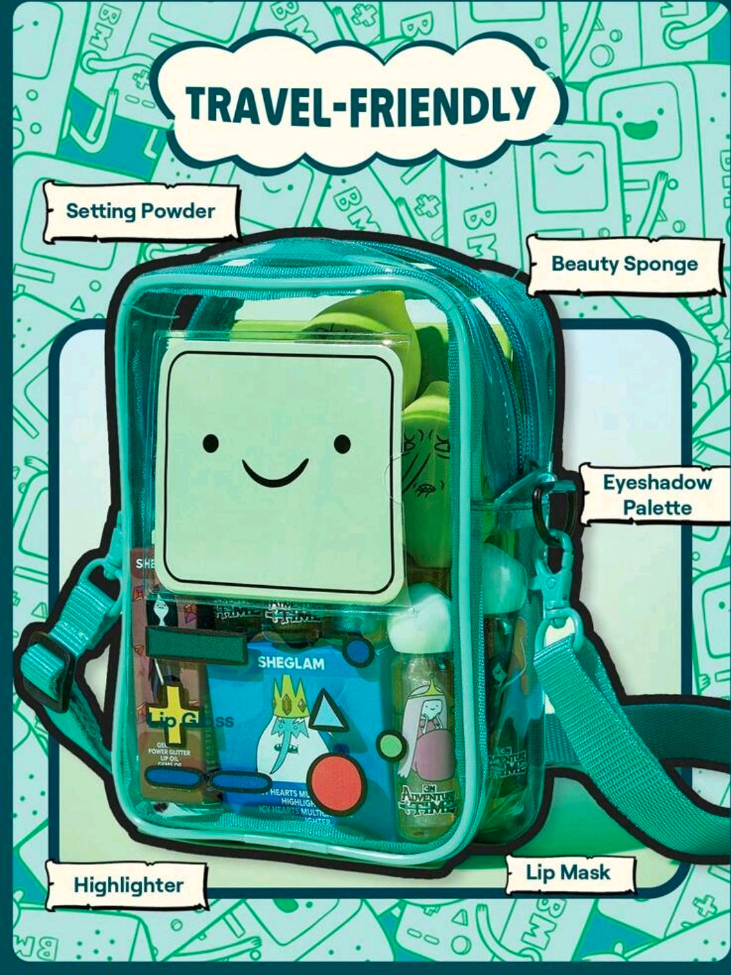 Transparent teal crossbody bag with clear front window and colorful travel accessories inside.
