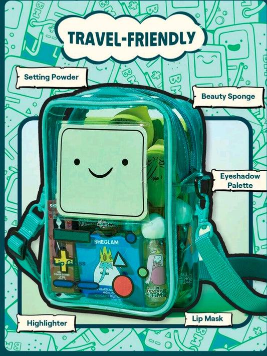 Transparent teal crossbody bag with clear front window and colorful travel accessories inside.