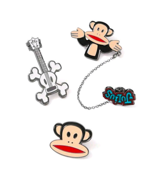 3-piece enamel pin set on white: Julius monkey, guitar, and bone with chain