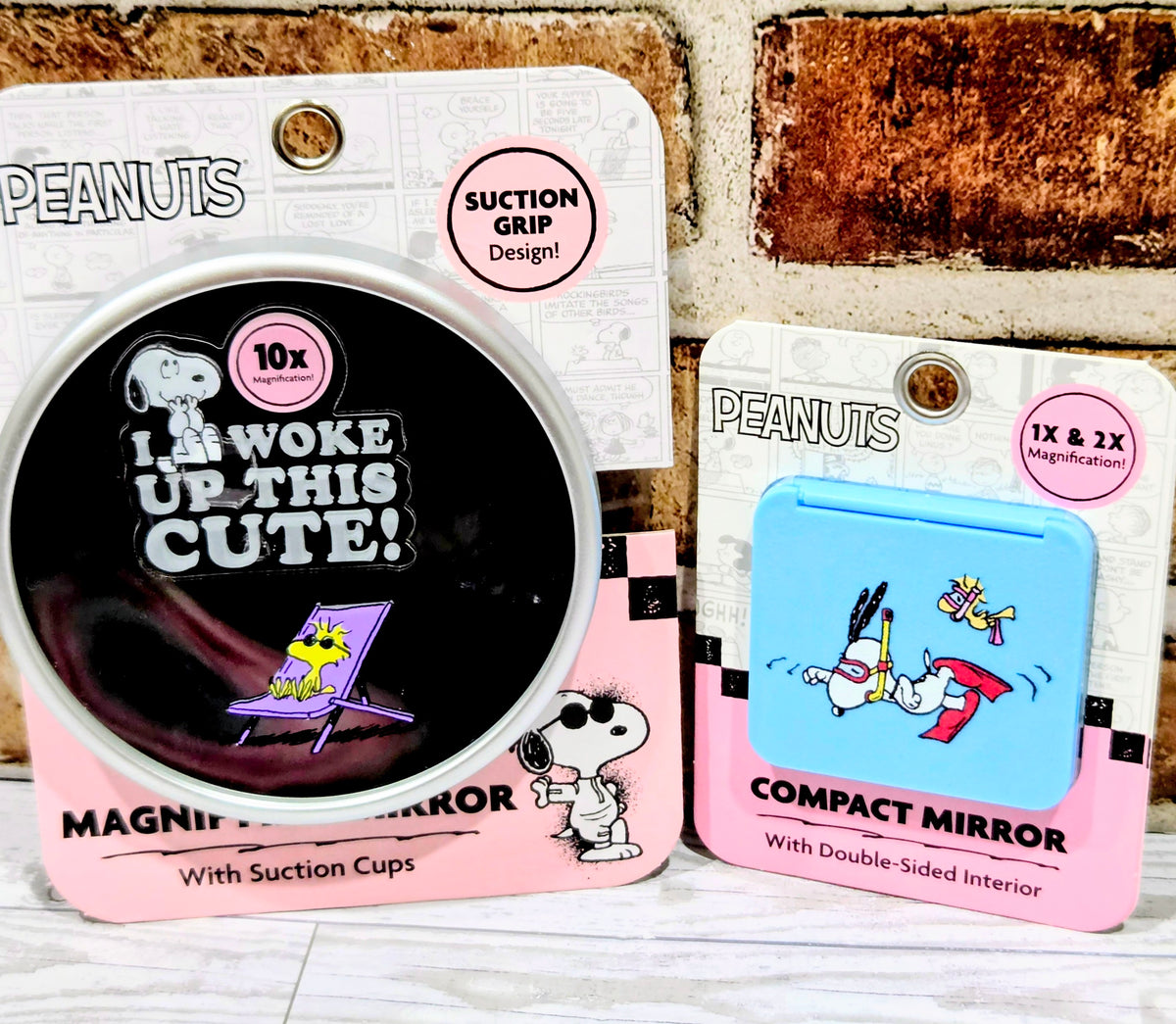 Snoopy mirror gift set showing 10x pink and 1x & 2x compact mirror
