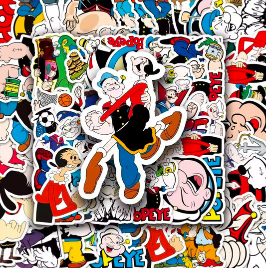 Close-up Popeye vinyl sticker pack with many character decals and bold outlines