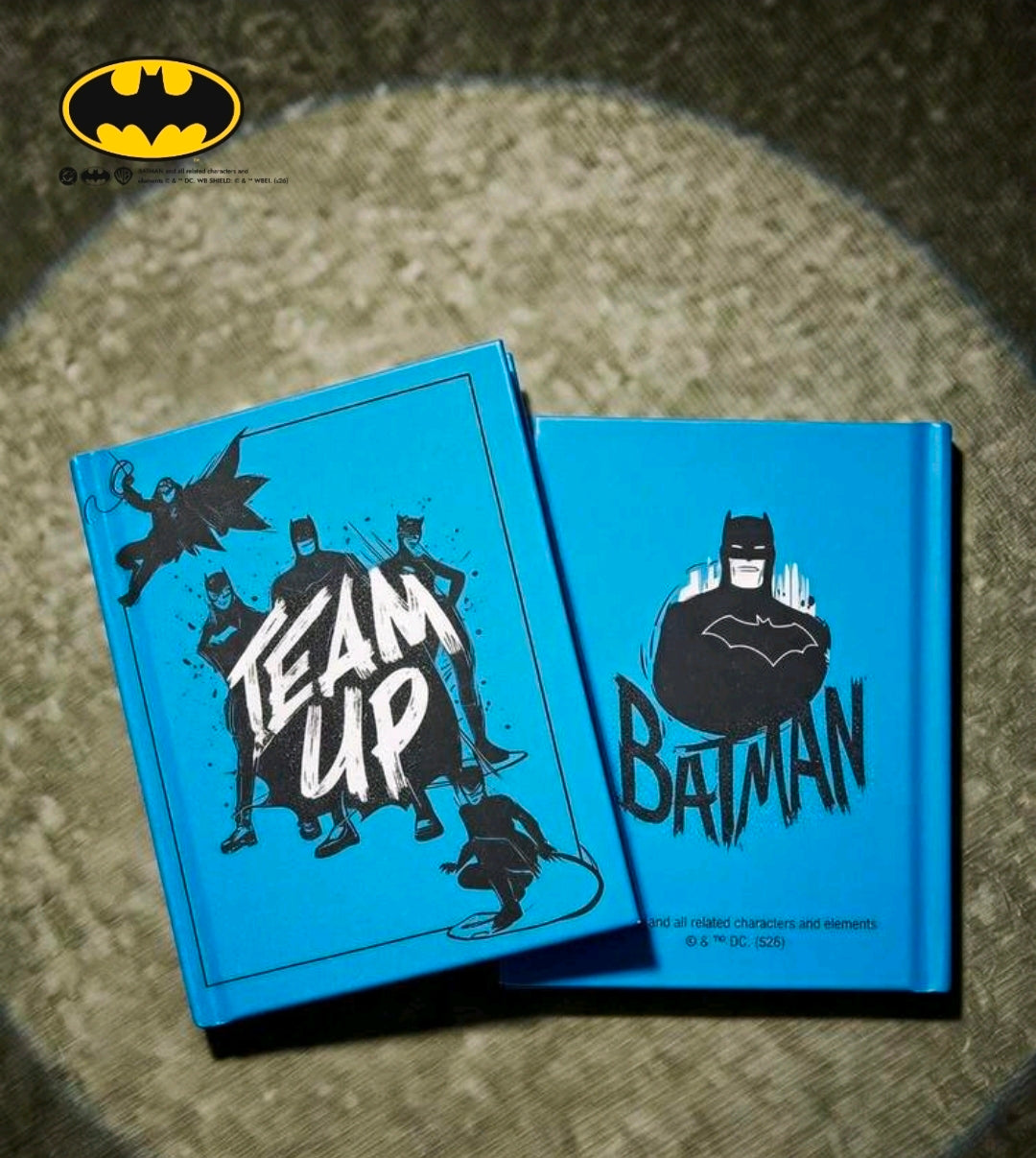 Blue hardcover journal notebook with Batman and Team Up graphic on cover