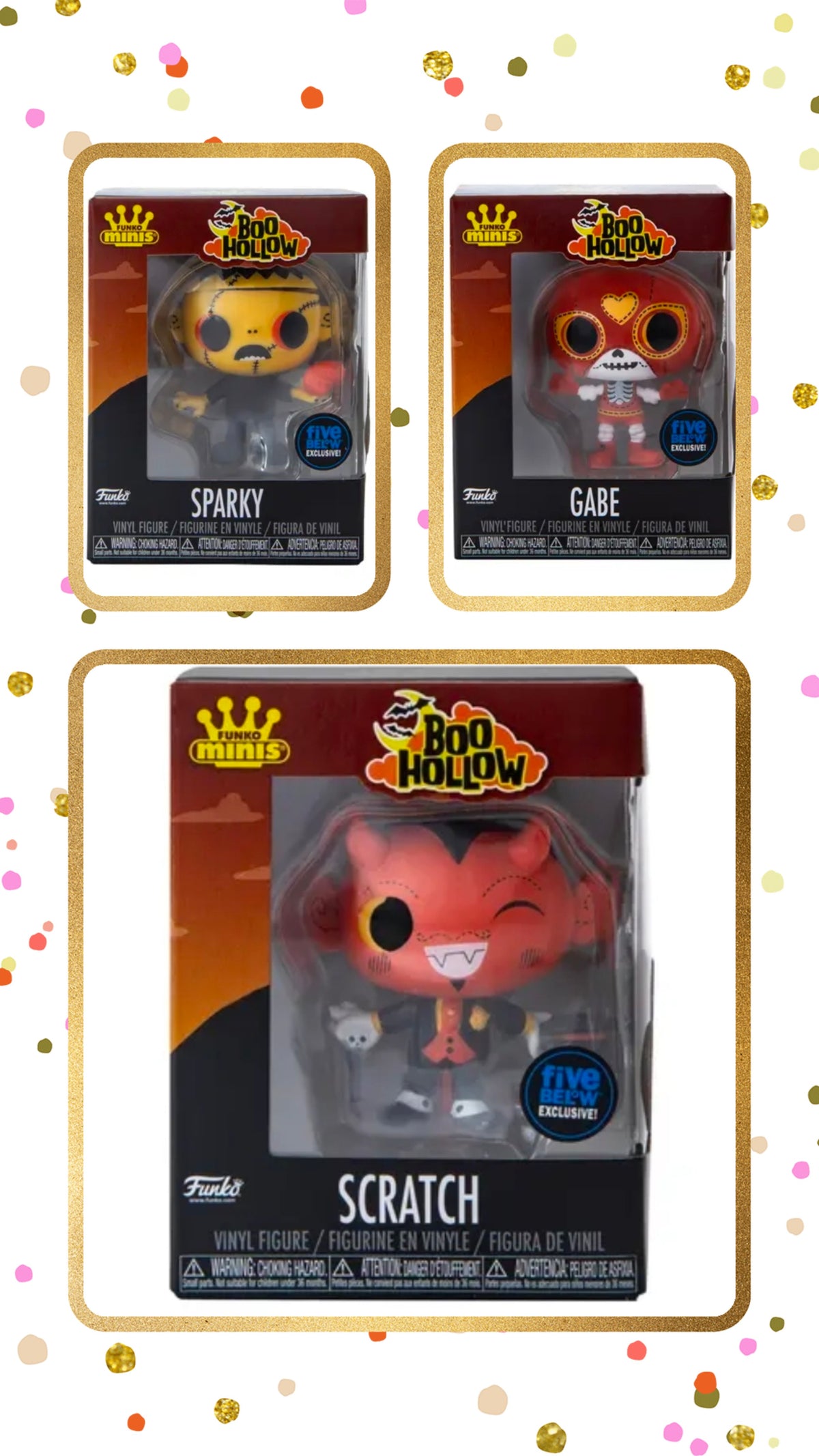 3-pack boxed vinyl figures: Sparky, Gabe, and Scratch from Boo Hollow, Five Below exclusive