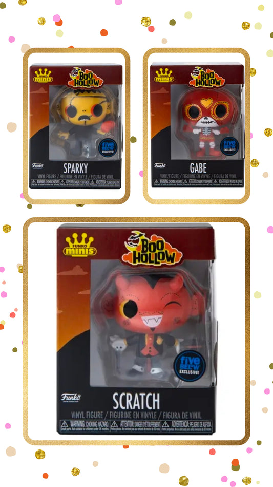3-pack boxed vinyl figures: Sparky, Gabe, and Scratch from Boo Hollow, Five Below exclusive