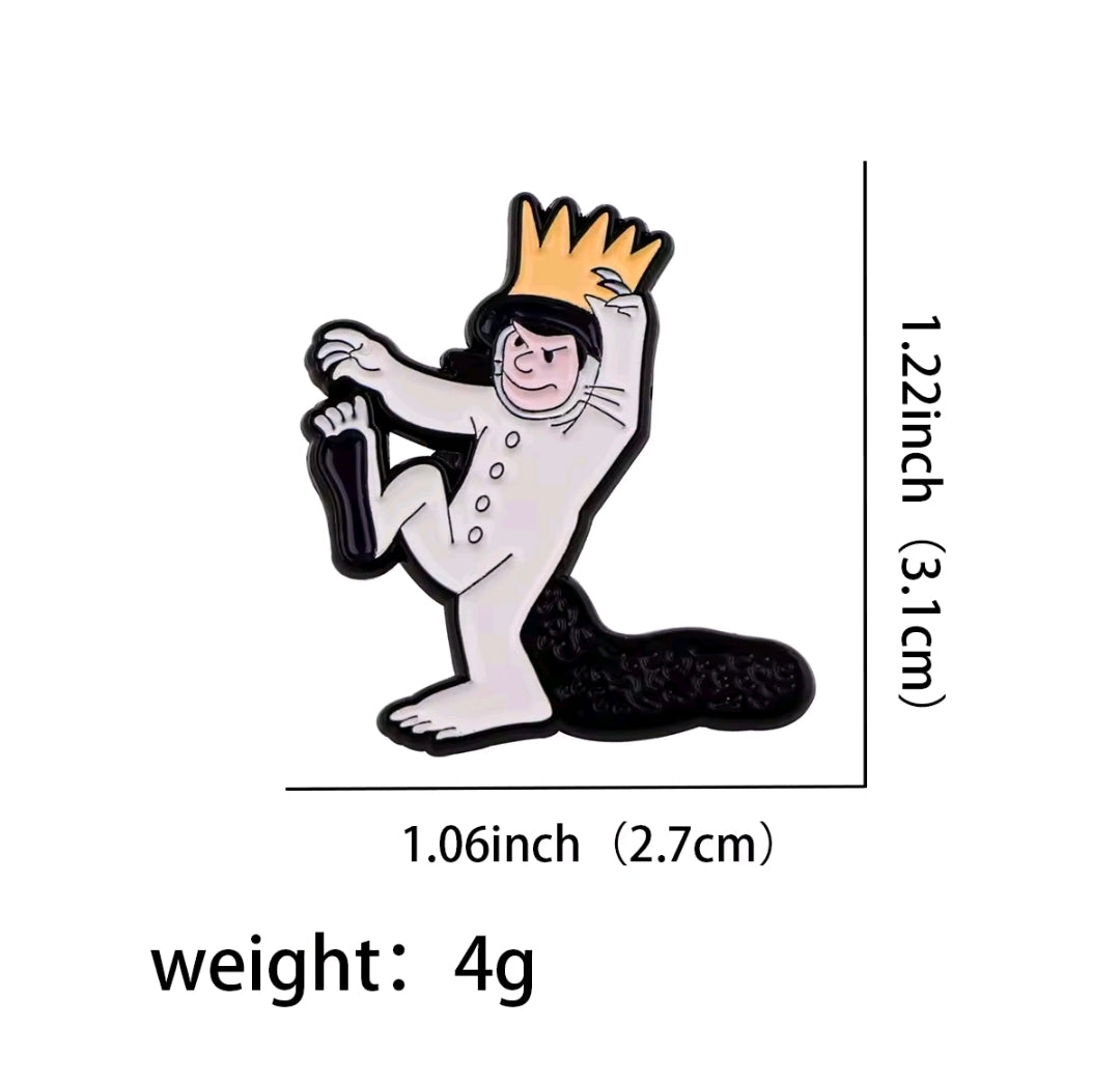 Enamel pin: white Max character with orange crown, black tail, arms-up pose