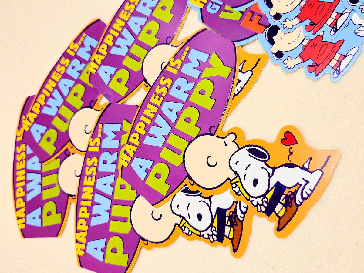 Stack of Peanuts wall decor cutouts featuring Snoopy and Charlie Brown with purple text strips