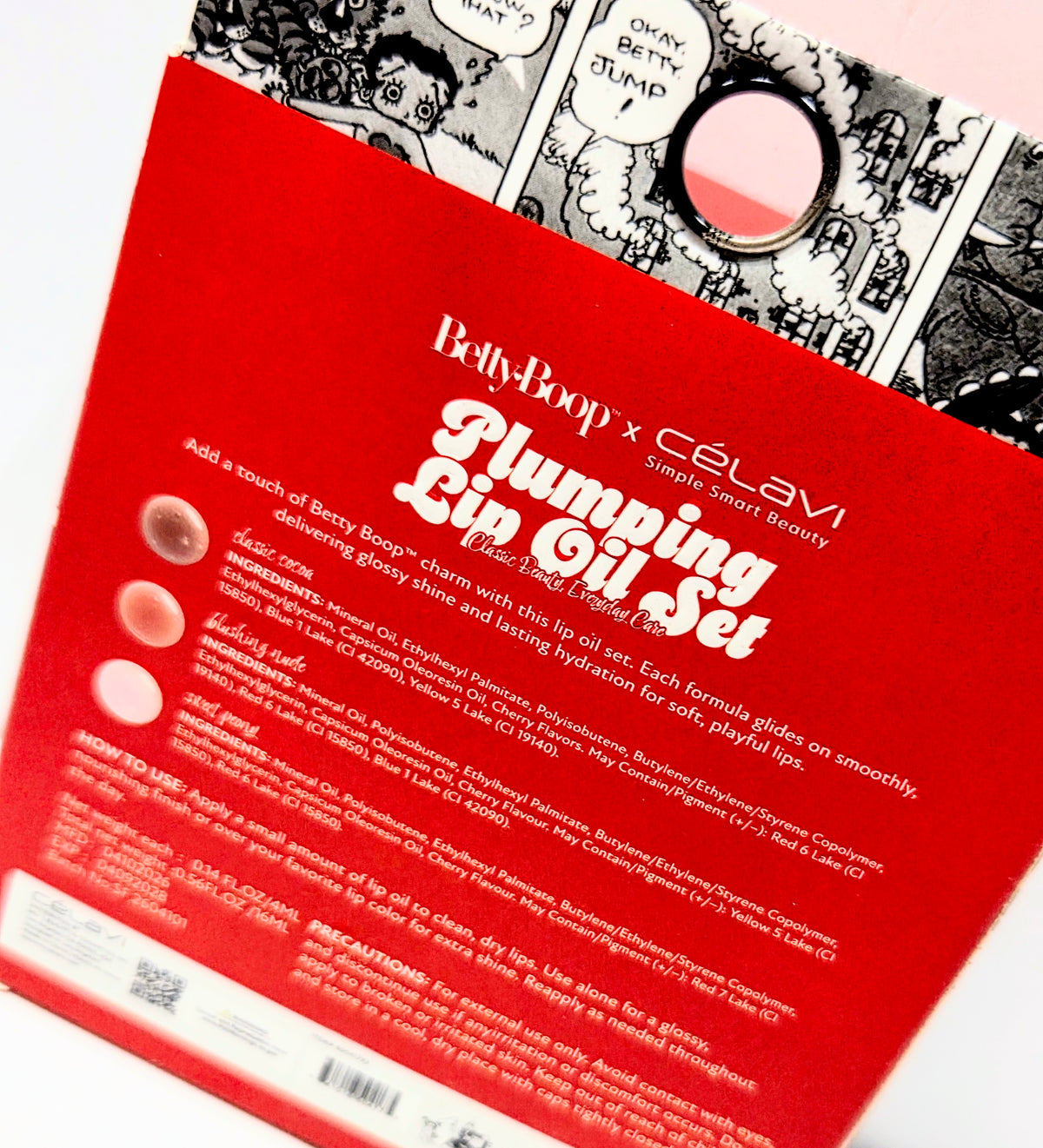 Betty Boop x Celavi Plumping Lip Oil Trio Classic Cocoa Blushing Nude Peony