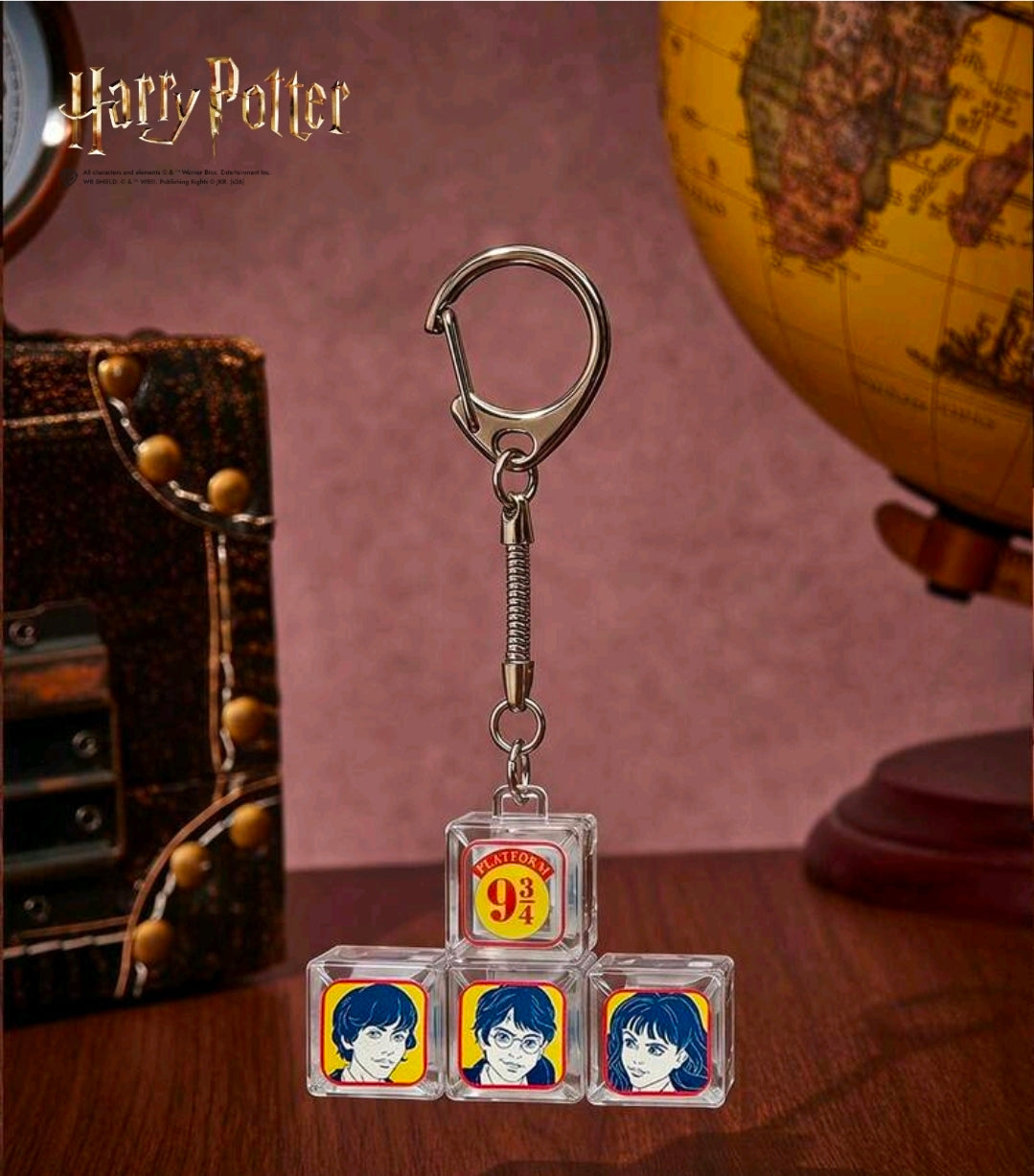Platform 9 3/4 clicker keychain with silver ring and clear blocks showing character faces