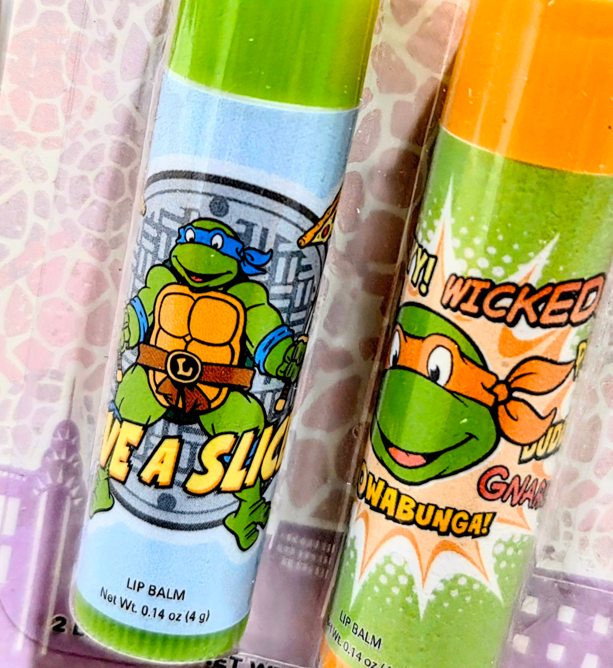TMNT 2-pack lip balm tubes in blister, green and orange caps
