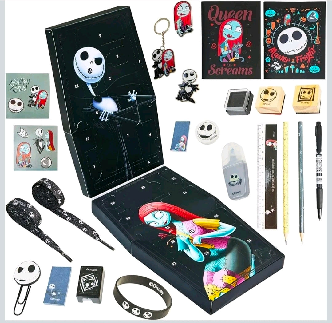 Opened Nightmare Before Christmas stationery advent calendar with pens, pencils, stickers, pins