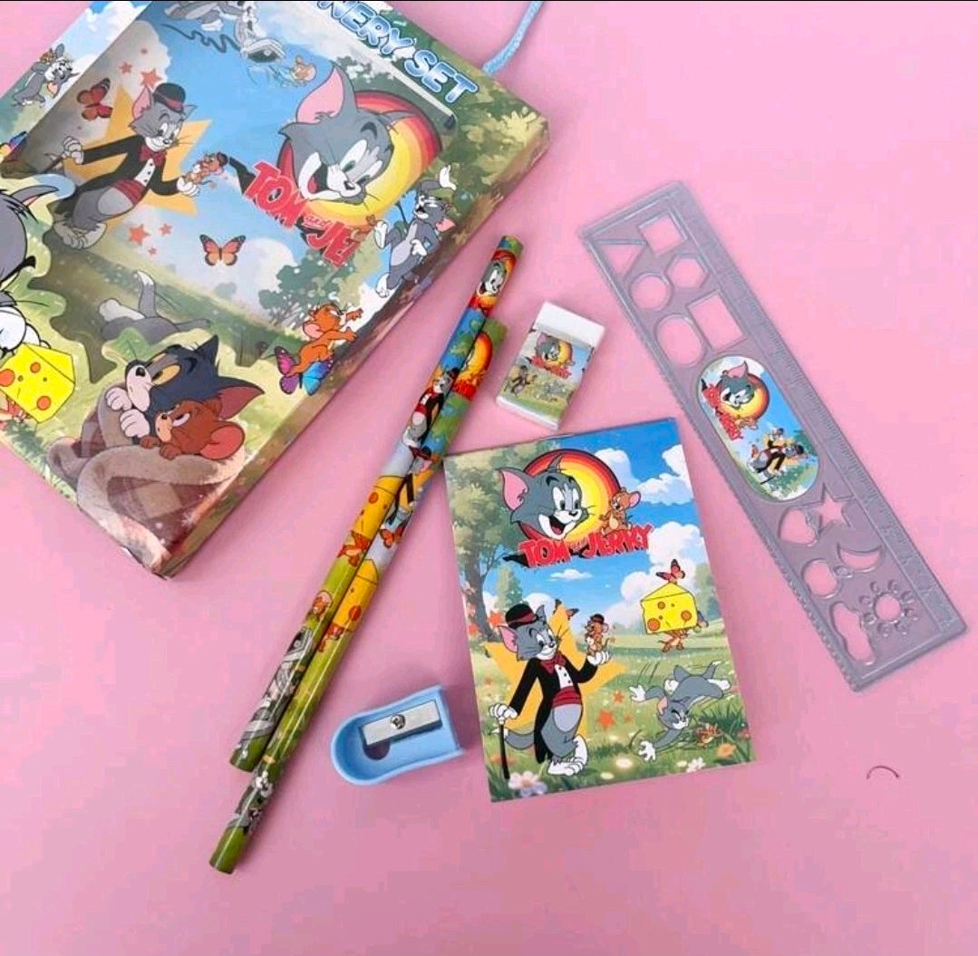 Tom & Jerry stationery gift set with pencil, notepad, eraser, and clear ruler