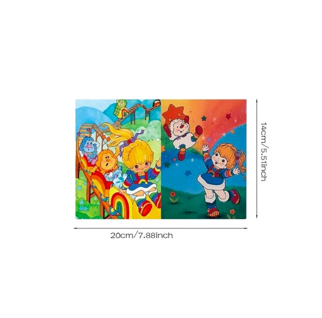 Rainbow Brite character paper sheet with blue background and rainbow theme, size markings shown