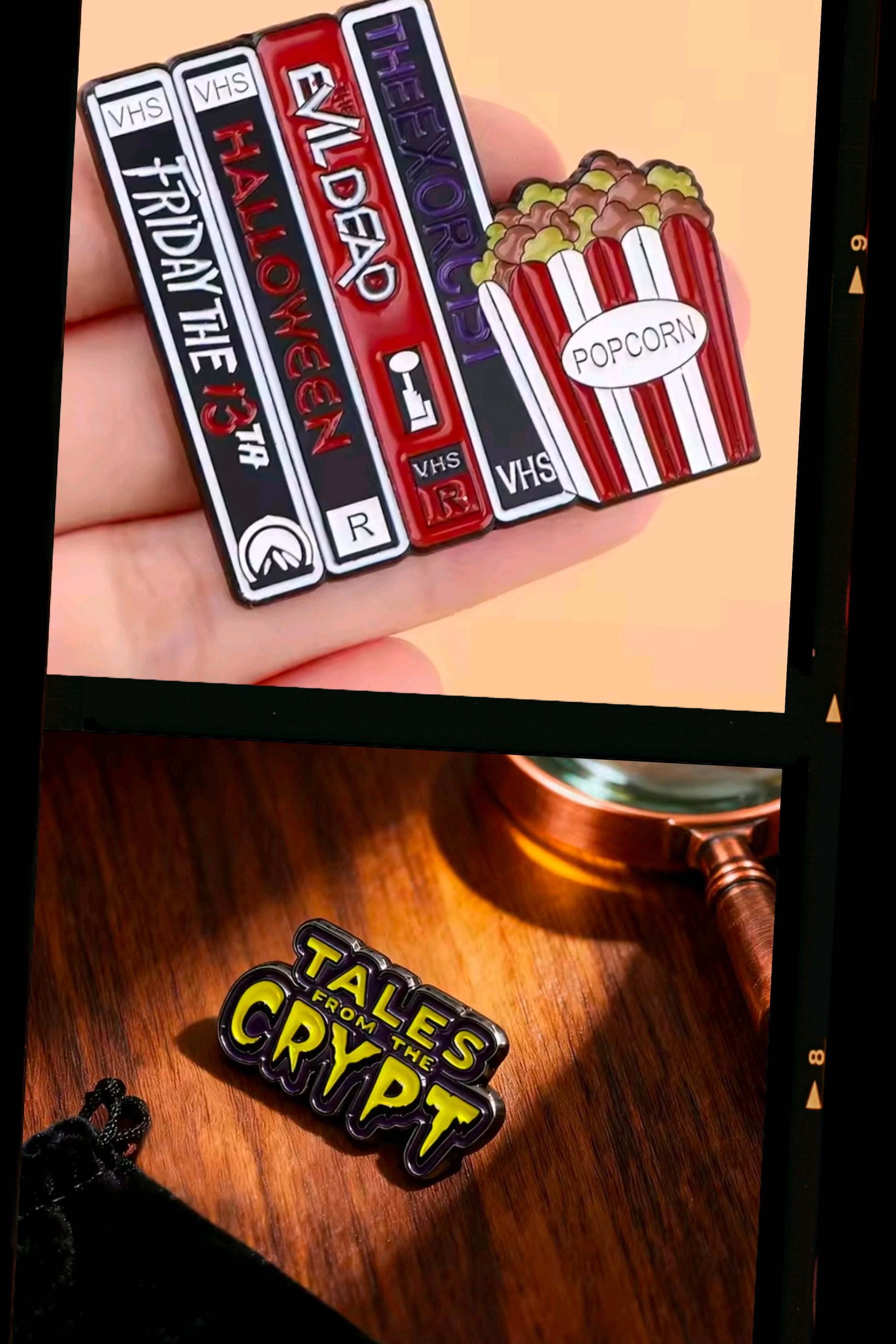 Two-piece enamel pin set: Tales from the Crypt logo plus VHS tapes and popcorn pin.